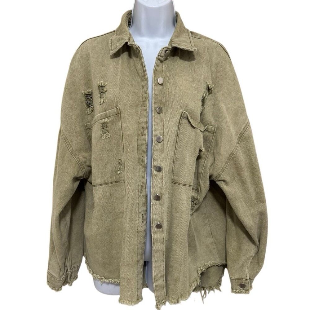 VICI Oversized Distressed Cotton Shacket Jacket Khaki Tan Small